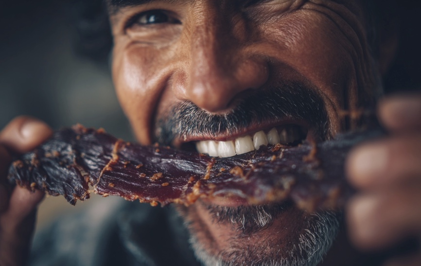 Persona disfrutando una tira de Andean Jerky